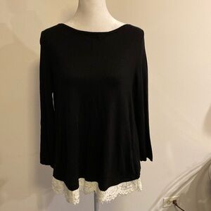WHBM black sweater with white lace trim and open lace back 3/4 sleeves size M